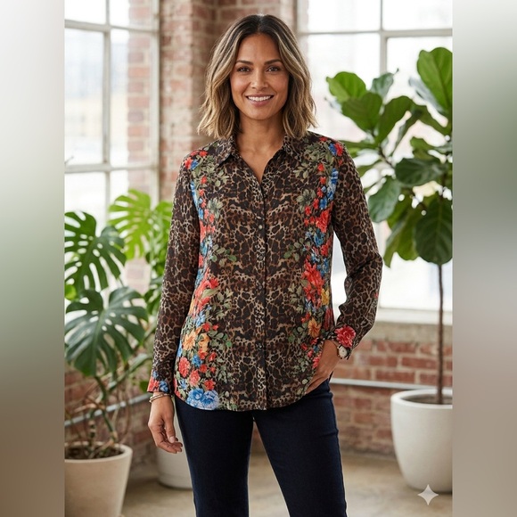 John Mark Tops - JOHN MARK Multicolor Animal Floral Button Tunic Blouse Rayón Nylon Long Sleeve